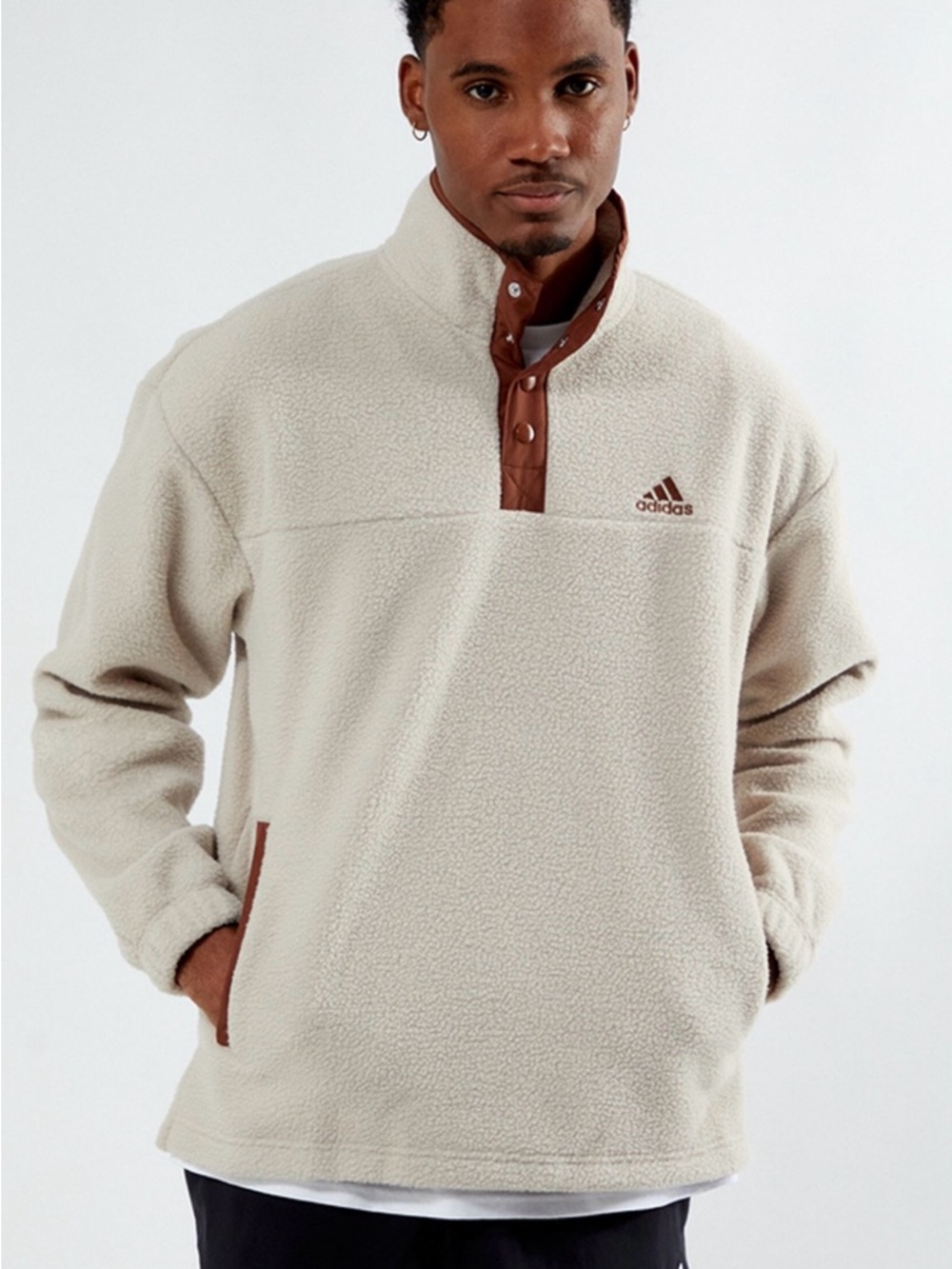 NWT Adidas Beige Quarter Polar Fleece Pullover with Brown Trim